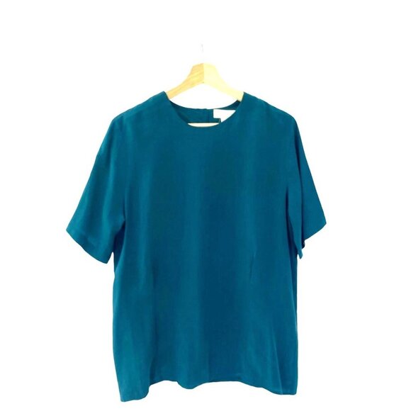 Casual Corner Blouse Teal Blue 100% Silk Top Button Back Short Sleeve Size M - Picture 1 of 5